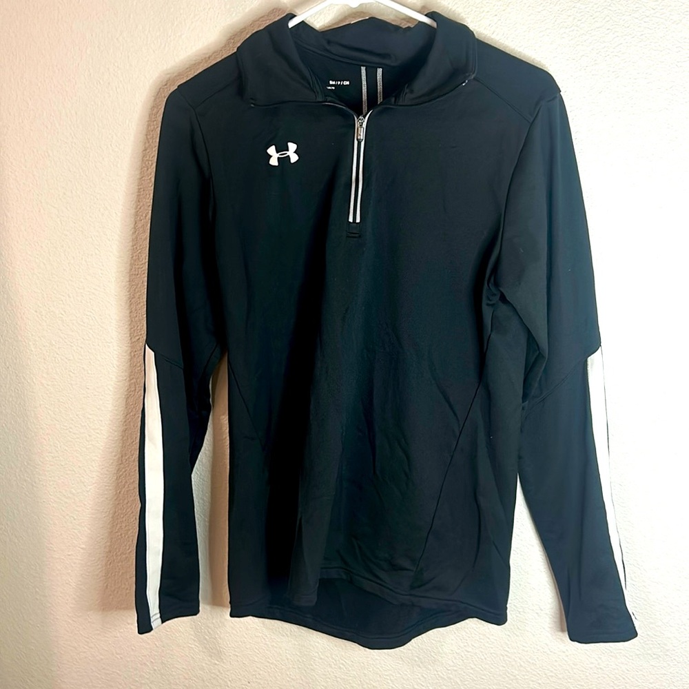 UA long sleeve black zip up with white piping on sleeves
